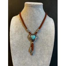 Collana regolabile intrecciata in alcantara Light Brown with Turquoise Heart