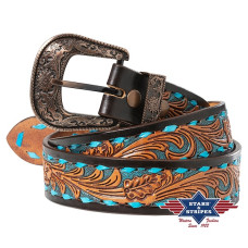 Cintura in pelle Stars & Stripes Hand Tooled Turquoise 