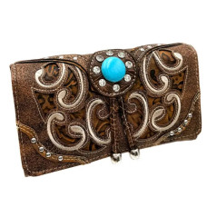 Portafoglio Buckle Brown Dolly Turquoise Concho in Ecopelle - con Tracolla Portafoglio Buckle Brown Dolly Turquoise Concho in Ecopelle - con Tracolla