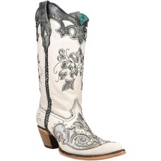 Stivali in pelle Western Corral Boots White Grey Silver Inlay
